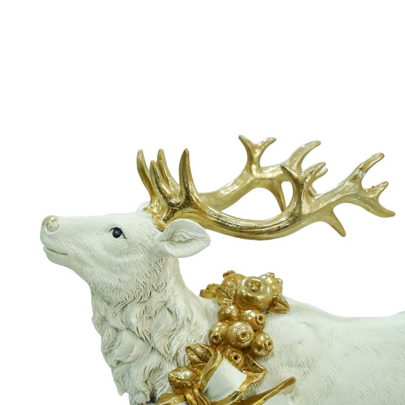 Renna in resina bianca con ghirlanda e corna oro - H.30 cm - Stile